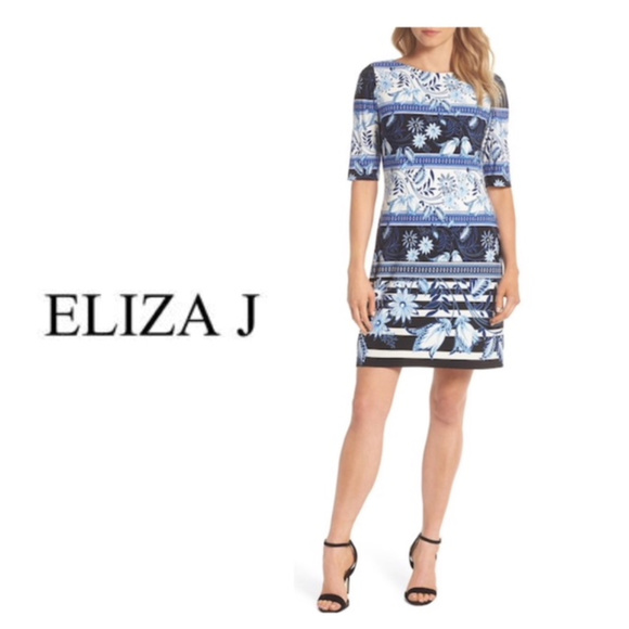 Eliza J Dresses & Skirts - Eliza J Print Elbow Sleeve Shift Dress Blue Sz 18